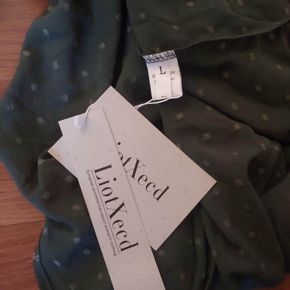 NWT Liotxecd Green Swiss Dot V Long Lanturn Sleeve Prairie Boho Maxi Dress L - Picture 9 of 12